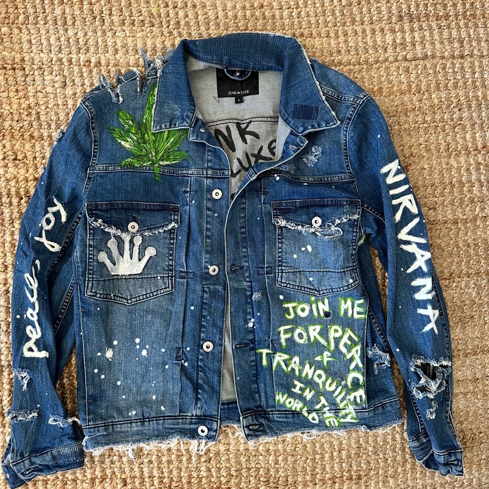 JUNK DE LUXE DISTRESSED DENIM JACKET HAND-PAINTED SIZE L